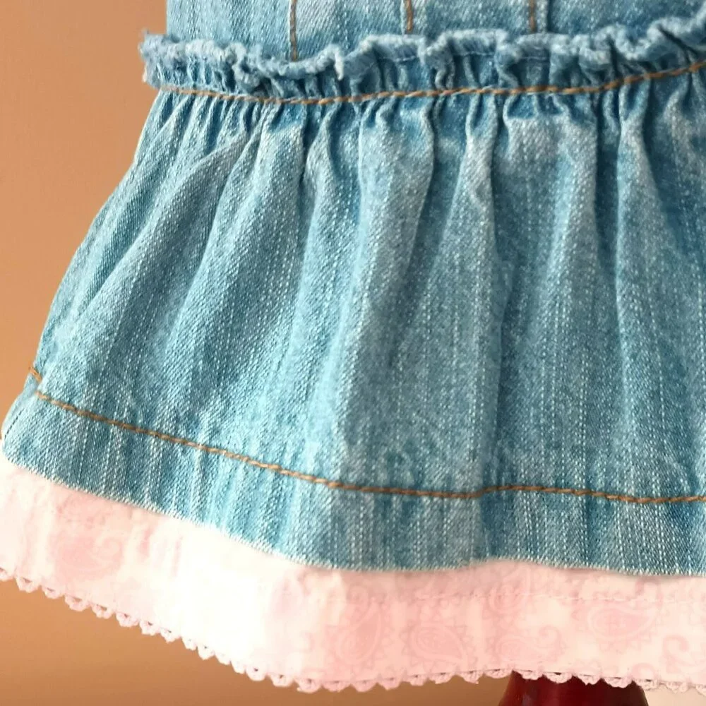 Embroidered Denim Overall Dress 9-12M Pink Ruffle Hem and Butterflies Pockets